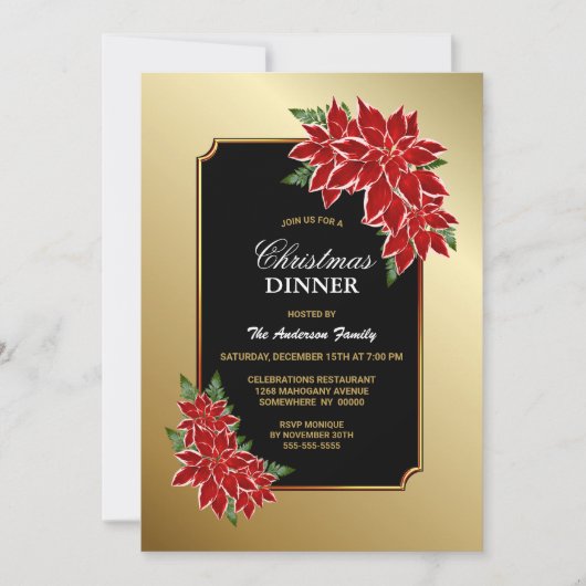 ポインセティシアクリスマスディナー縁ど金ゴールドブラック 招待状 (正面)