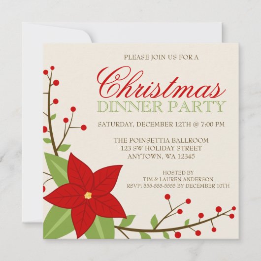 ポインセティモダンアクリスマスホリデーディナーパーティー 招待状 (正面)