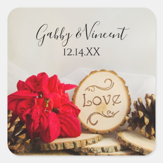 ポインセティ素朴アウィンターウエディングメッセージカード スクエアシール (正面)