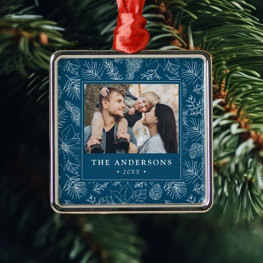 ポインセテエレガントィアとピネコーンブルー写真 メタルオーナメント