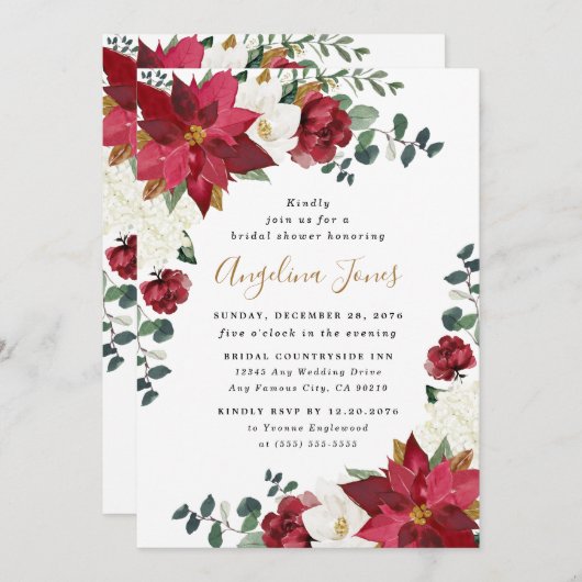 ポインセテエレガントィアウィンターフローラレッドブライダルシャワー 招待状 (正面/裏面)