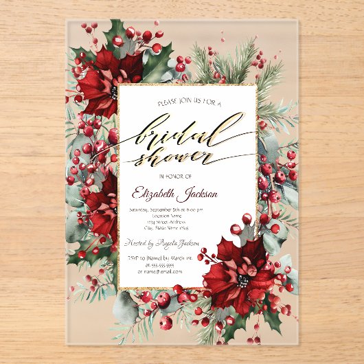 ポインセテエレガントィアウィンターブライダルシャワー アクリル招待状 (正面)
