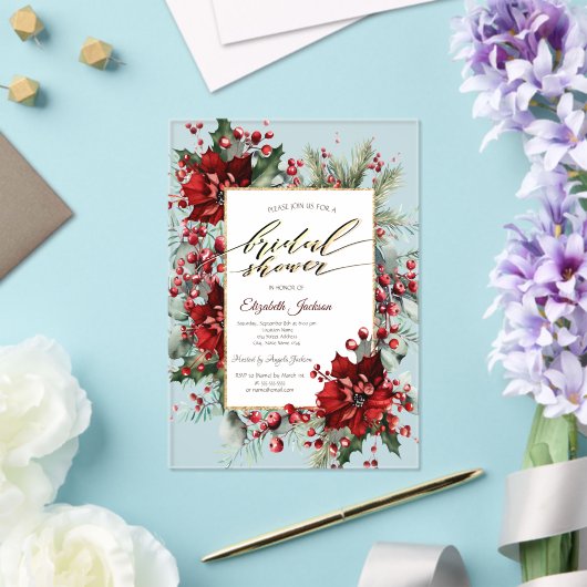 ポインセテエレガントィアウィンターブライダルシャワー アクリル招待状 (インサイチュ (ウェディング))