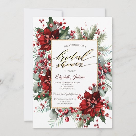 ポインセテエレガントィアウィンターブライダルシャワー 招待状 (正面)