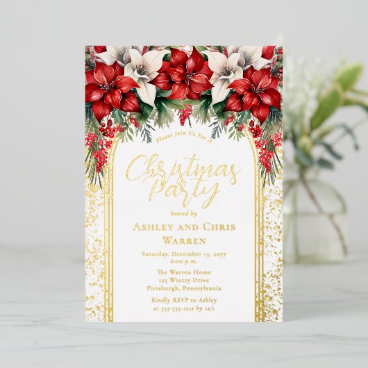 ポインセテエレガントィアスフローラクリスマスホリデーパーティー 箔招待状 (立ち正面)