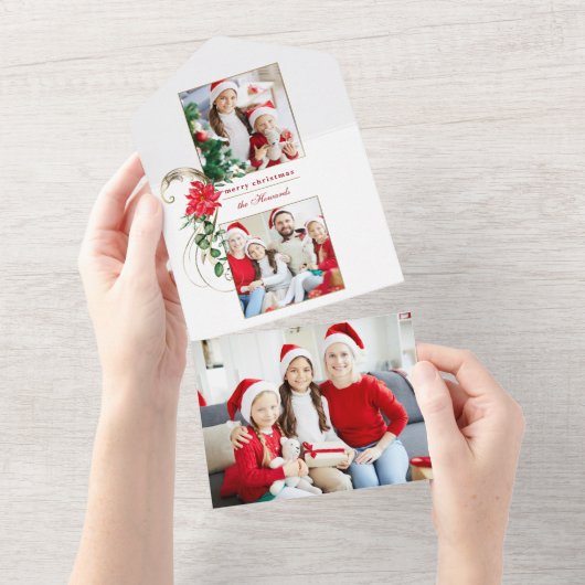 ポインセテエレガントィアス&金ゴールドスクロール2写真 オールインワン招待状 (貼ってはがせる)