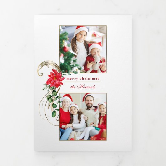 ポインセテエレガントィアス&金ゴールドスクロール2写真 三つ折りカード (カバー)