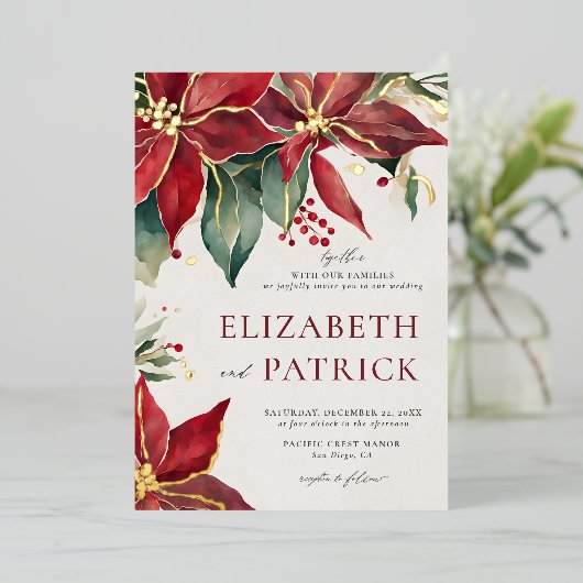 ポインセテエレガントィークリスマス冬の金ゴールド結婚ズ 箔招待状 (立ち正面)