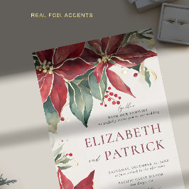 ポインセテエレガントィークリスマス冬の金ゴールド結婚ズ 箔招待状