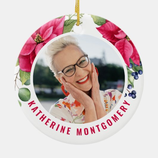 ポインセテエレガントィ初めてのクリスマス退職した写真C セラミックオーナメント (裏面)