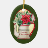 ポインセテファッションドィアスのクリスマスを持つ古いお茶ポット セラミックオーナメント (正面)