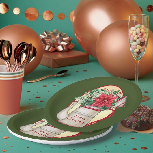 ポインセテファッションドィアスのクリスマスを持つ古いお茶ポット ペーパープレート (複数)