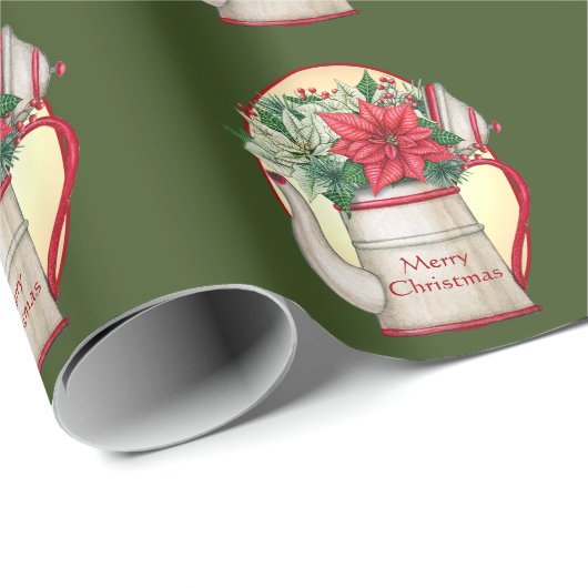 ポインセテファッションドィアスのクリスマスを持つ古いお茶ポット ラッピングペーパー (ロールコーナー)