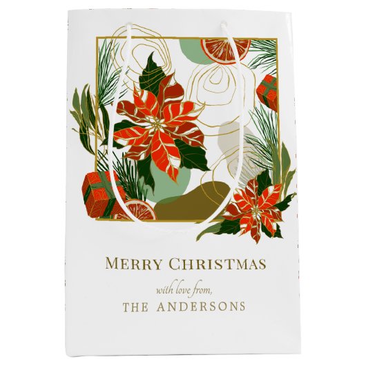 ポインセテモダンィア&グリーンリー |クリスマス ミディアムペーパーバッグ (正面)