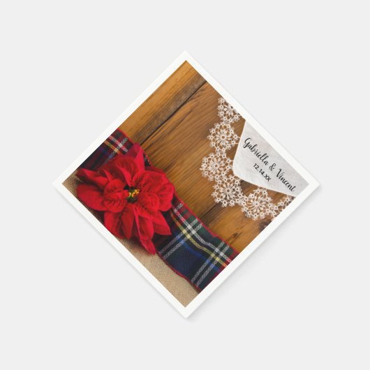 ポインセテ素朴ィアと格子縞の国の冬の結婚式 スタンダードカクテルナプキン (角)