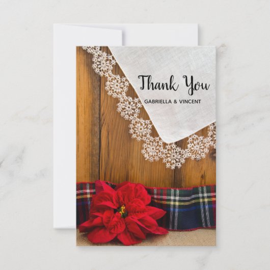 ポインセテ素朴ィアプレイド冬の結婚式ありがとう サンキューカード (正面)