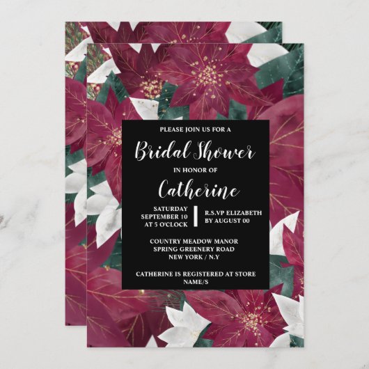 ポインセフェイクチア金ゴールドリーフ赤い白フローラシック 招待状 (正面/裏面)