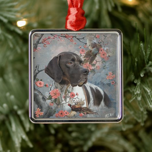 ポインタを持つキジの狩り，アート メタルオーナメント (ツリー)