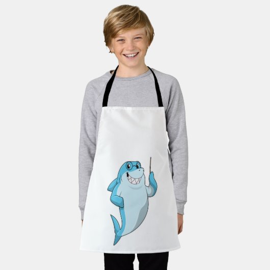 ポインタを持つ先生としてサメ エプロン (着用した状態)