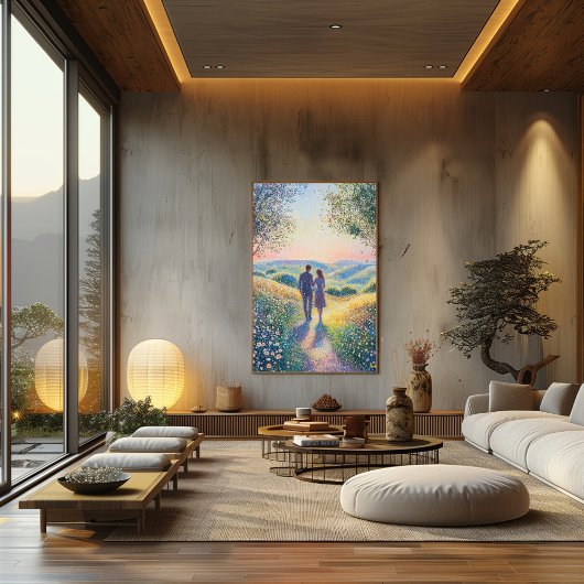 ポインティリシムカップル歩くアットサンセット – ロマンチック ポスター