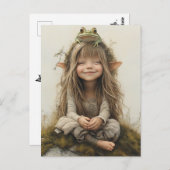 ポインティ耳とグリーンカエルを持つリトルフェアリー ポストカード (正面/裏面)