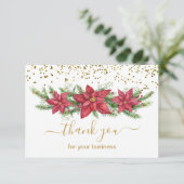 ポイントセティア、パイン、金ゴールド紙吹雪ビジネスクリスマス サンキューカード (スタンド正面)