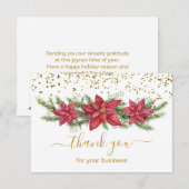 ポイントセティア、パイン、金ゴールド紙吹雪ビジネスクリスマス サンキューカード (正面/裏面)