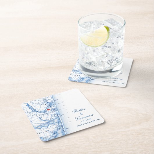 ポイントプレザントNJマップ結婚式の引き出物ネイビーブルー スクエアペーパーコースター (インサイチュ)