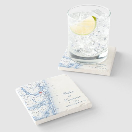 ポイントプレザントNJマップ結婚式の引き出物ネイビーブルー ストーンコースター (横)