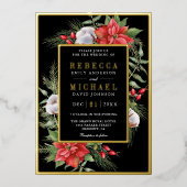 ポイン素朴セチアフローラブラック結婚クリスマス 箔招待状 (正面)