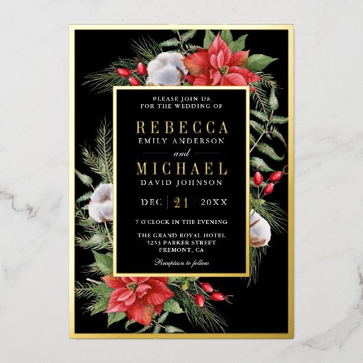 ポイン素朴セチアフローラブラック結婚クリスマス 箔招待状 (正面)