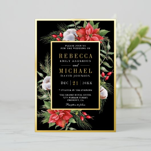 ポイン素朴セチアフローラブラック結婚クリスマス 箔招待状 (立ち正面)