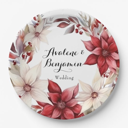 ポイン赤と白セチアリース水の色結婚の ペーパープレート (正面)