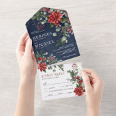 ポイ素朴ンセチアフローラクリスマス海軍結婚ズ オールインワン招待状 (貼ってはがせる)