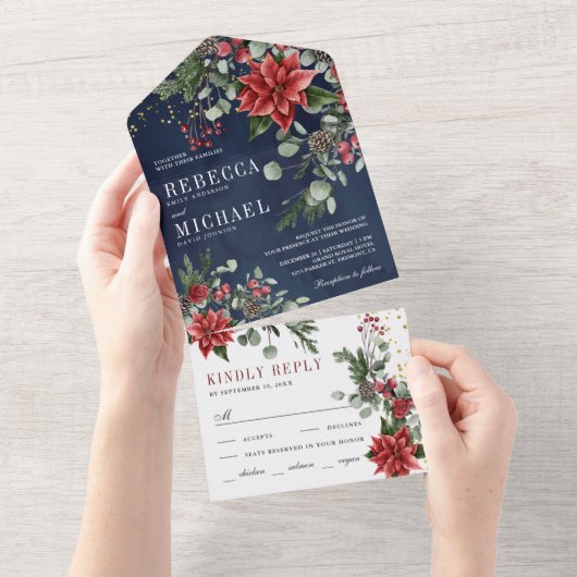 ポイ素朴ンセチアフローラクリスマス海軍結婚ズ オールインワン招待状 (貼ってはがせる)