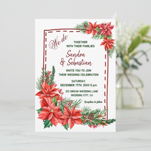 ポイ素朴ンセチアフローラレッド結婚クリスマス 招待状 (スタンド正面)