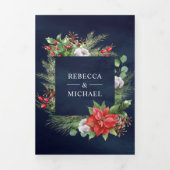 ポイ素朴ンセチアQRコードクリスマス海軍結婚ズ 三つ折り招待状 (カバー)