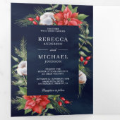 ポイ素朴ンセチアQRコードクリスマス海軍結婚ズ 三つ折り招待状 (内部最初)