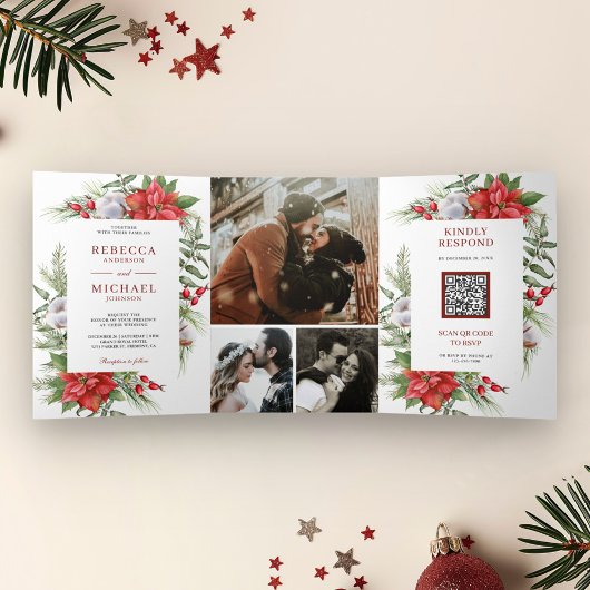 ポイ素朴ンセチアQRコードクリスマ結婚ス 三つ折り招待状