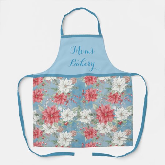 ポイ赤と白ンセッティアズオンスカイブルーパーソナライズされた エプロン (正面)