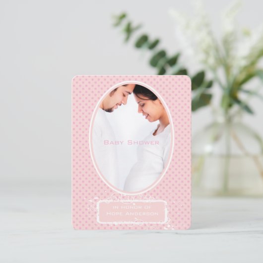 ポカドットピンク写真ベビーガールシャワーのお知らせ 招待状 (スタンド正面)