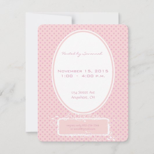 ポカドットピンク写真ベビーガールシャワーのお知らせ 招待状 (裏面)