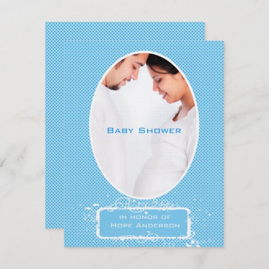 ポカドットブルーフォト男の赤ちゃんシャワー発表 招待状 (正面/裏面)