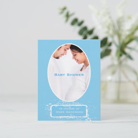 ポカドットブルーフォト男の赤ちゃんシャワー発表 招待状 (スタンド正面)
