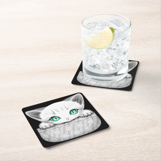 ポケットからよくはしゃぐかわいい猫 スクエアペーパーコースター (インサイチュ)