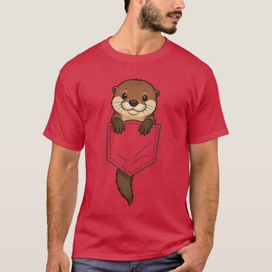 ポケットから顔を出すカワウソの面白グッズ 動物好きな男性 女性 Tシャツ (正面)