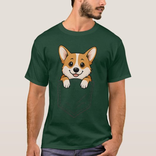 ポケットから顔を出すコーギー 可愛い犬好きのためのグッズ Tシャツ (正面)
