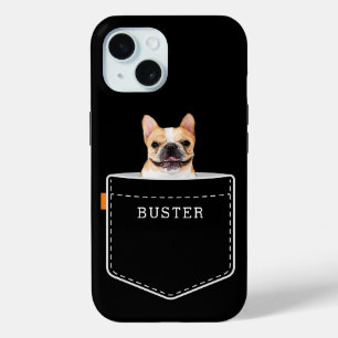 ポケットに入った犬 カスタムペットの写真と名前ブラック iPhone 15ケース