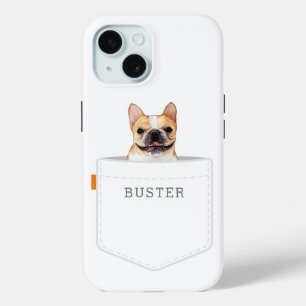 ポケットに入った犬  ペットカスタムの写真と名前（白） iPhone 15ケース