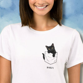 ポケットに愛らしい黒猫 名前入りパーソナルギフト Tシャツ